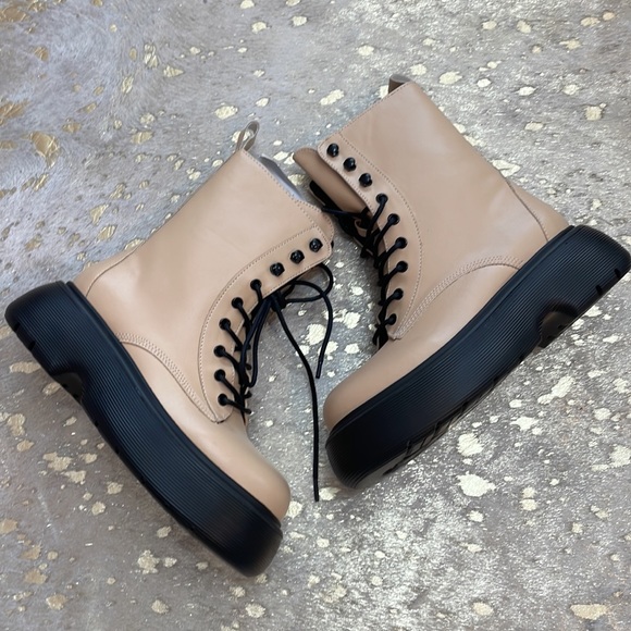 Cream and Black Lace Up Combat Boots - Picture 4 of 5